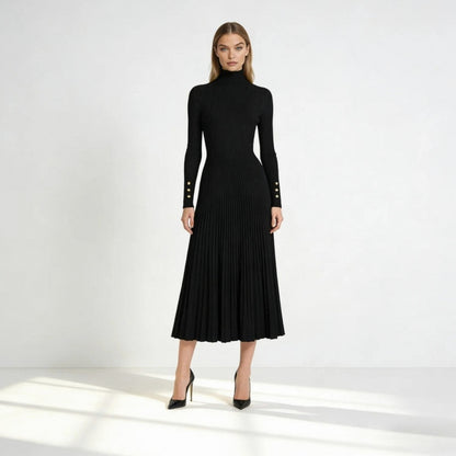 Ribbed Turtleneck Pleated Midi Sweater Dress in Black