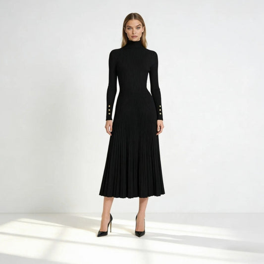 Ribbed Turtleneck Pleated Midi Sweater Dress in Black