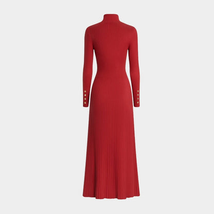 Ribbed Turtleneck Pleated Midi Sweater Dress