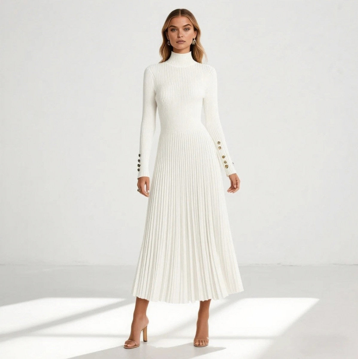 Ribbed Turtleneck Pleated Midi Sweater Dress in White
