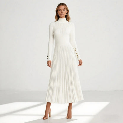 Ribbed Turtleneck Pleated Midi Sweater Dress in White