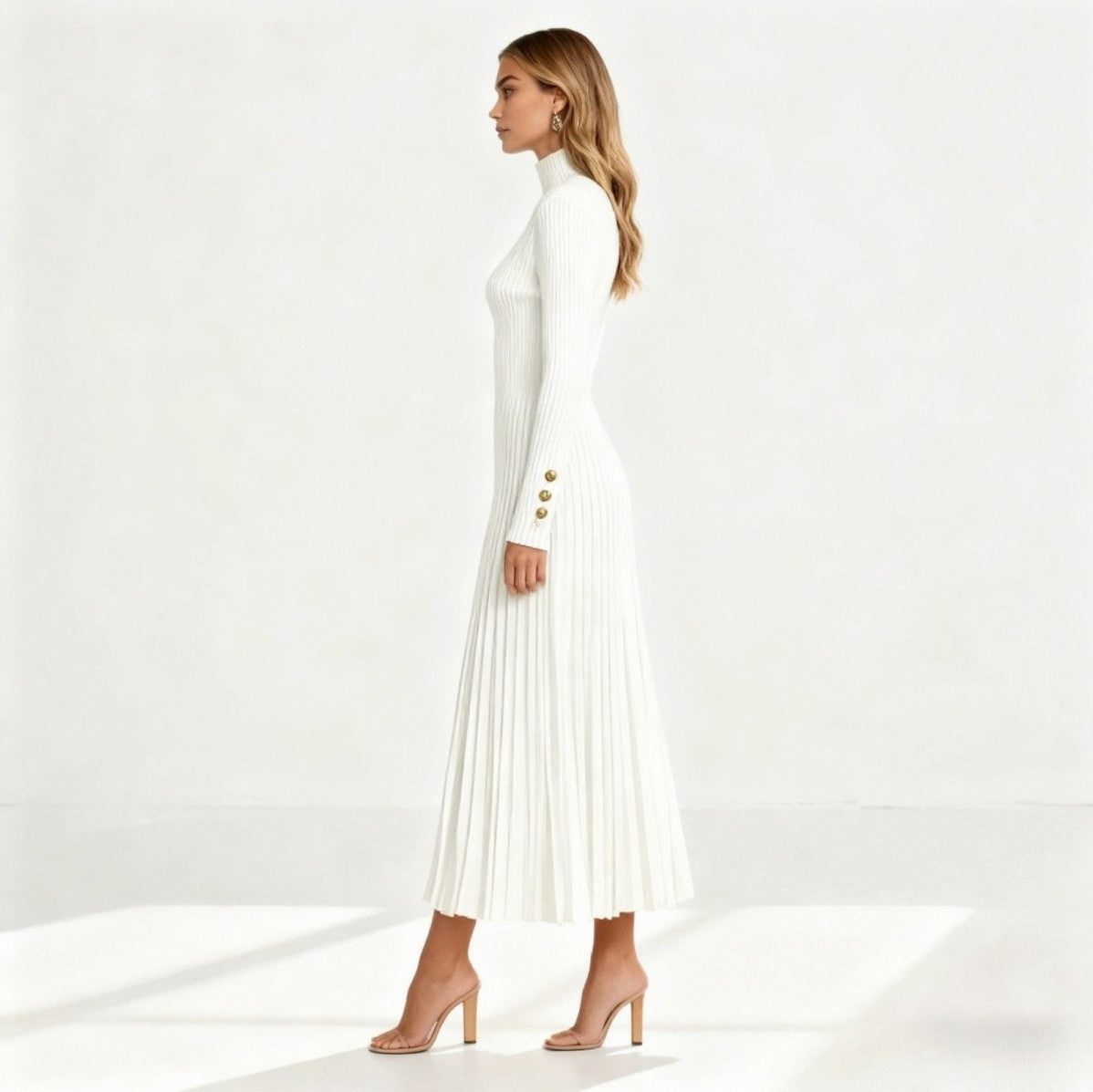 Ribbed Turtleneck Pleated Midi Sweater Dress