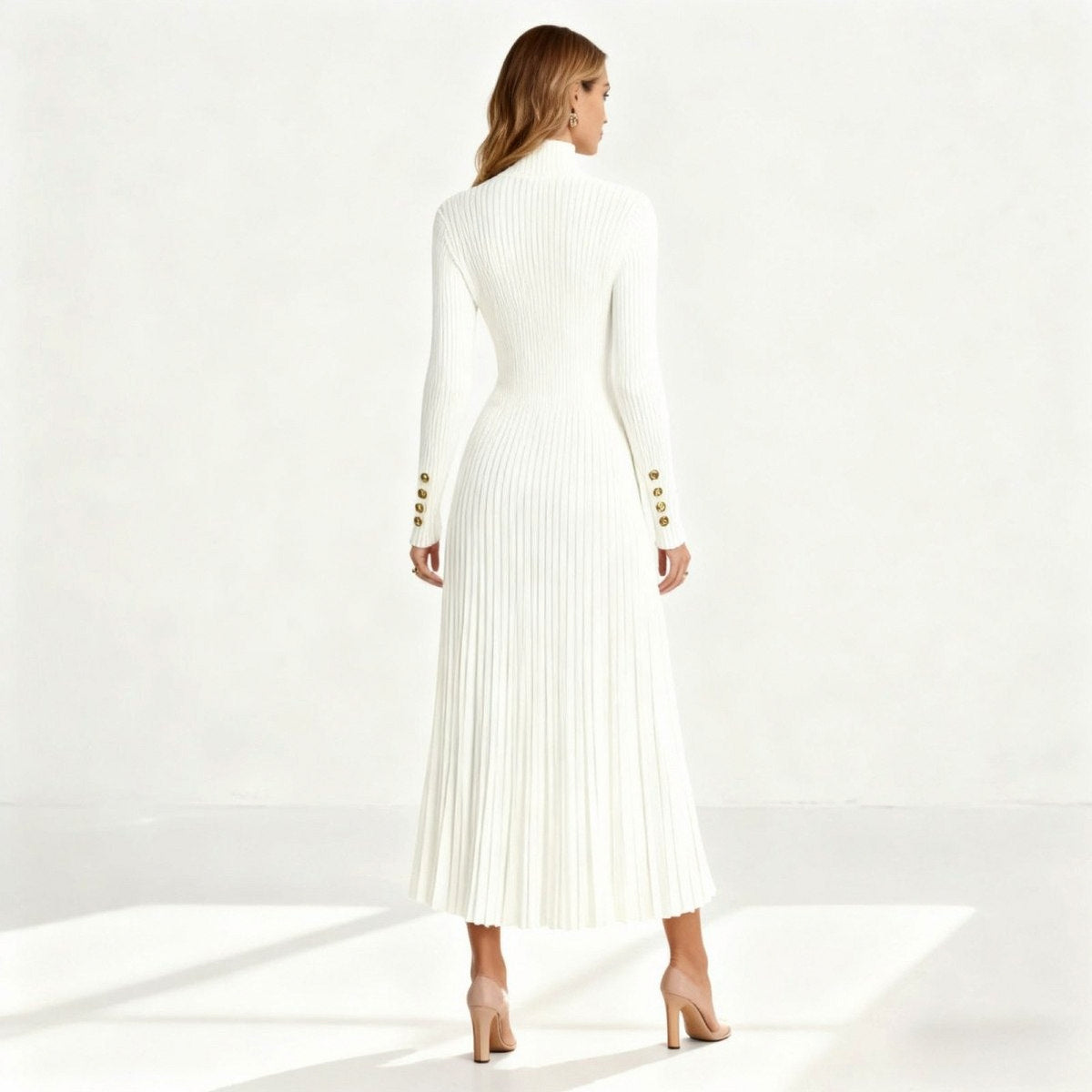Ribbed Turtleneck Pleated Midi Sweater Dress