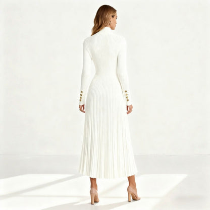 Ribbed Turtleneck Pleated Midi Sweater Dress