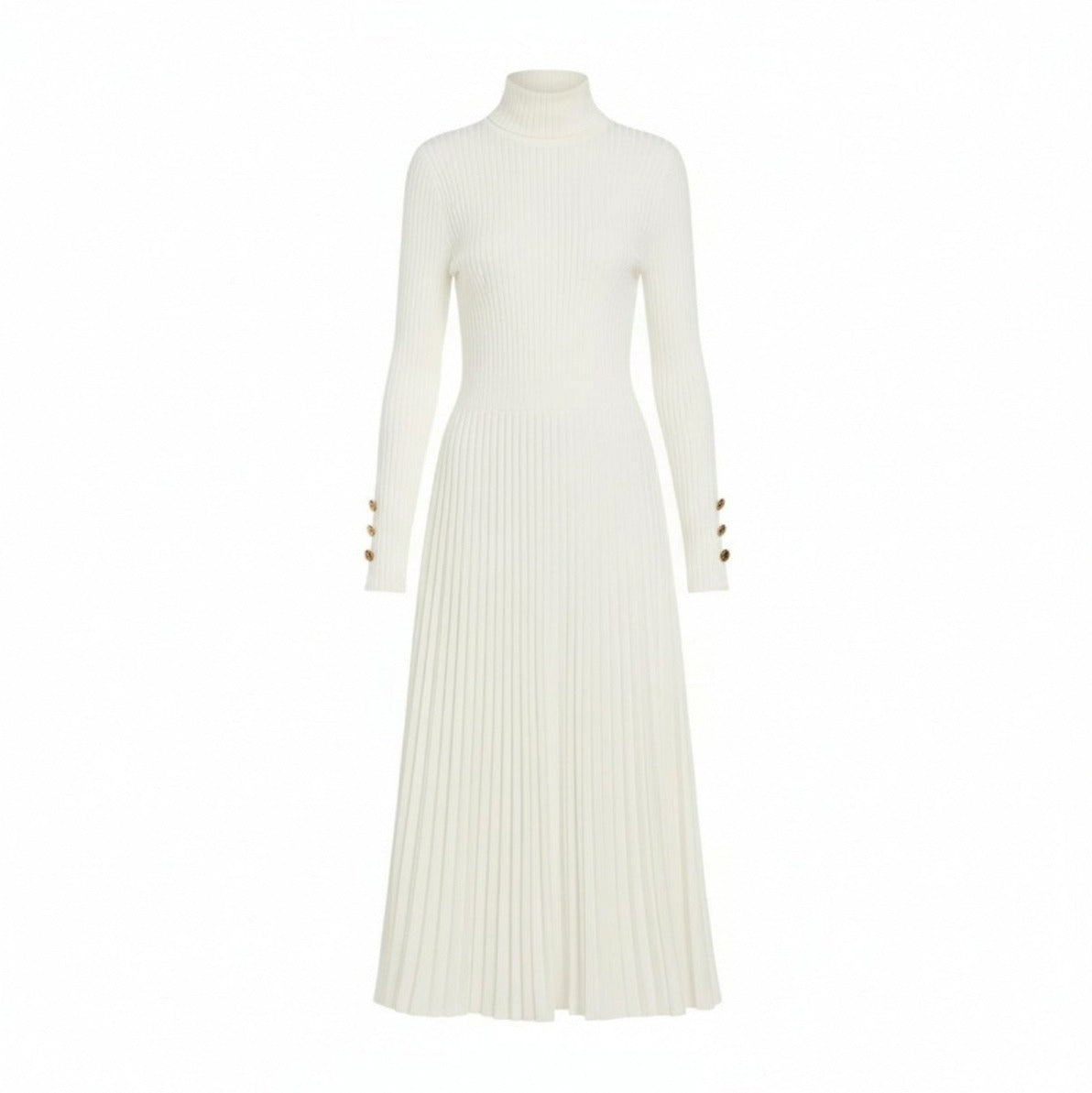 Ribbed Turtleneck Pleated Midi Sweater Dress