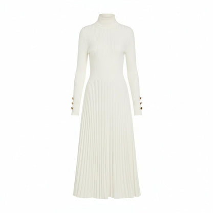 Ribbed Turtleneck Pleated Midi Sweater Dress