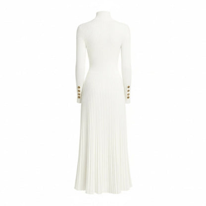 Ribbed Turtleneck Pleated Midi Sweater Dress