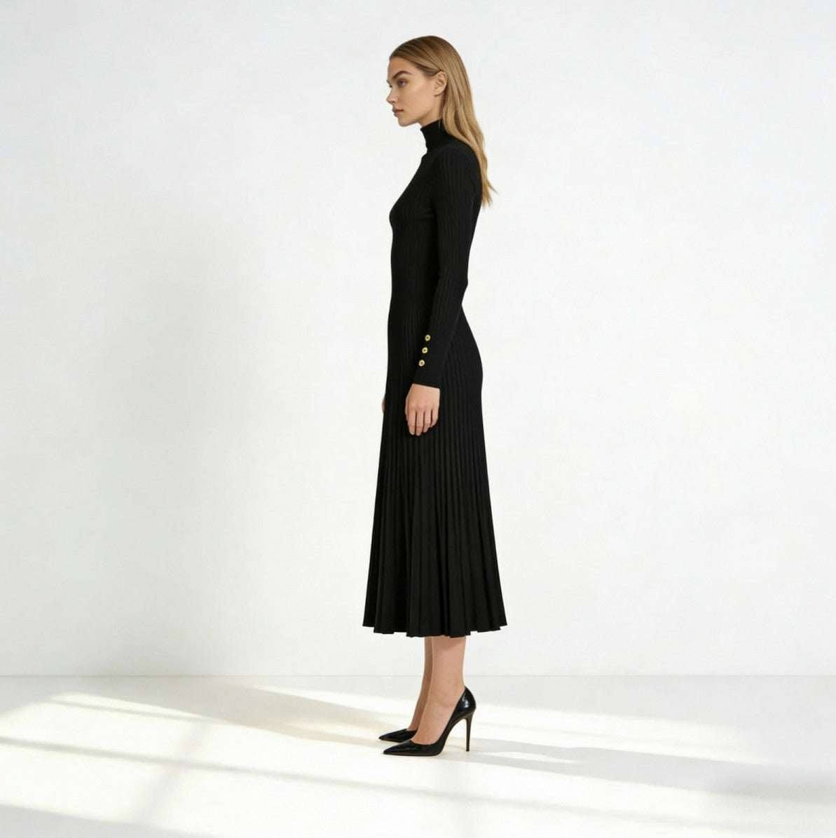 Ribbed Turtleneck Pleated Midi Sweater Dress