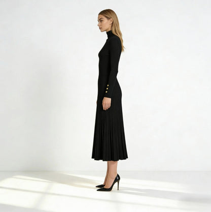 Ribbed Turtleneck Pleated Midi Sweater Dress