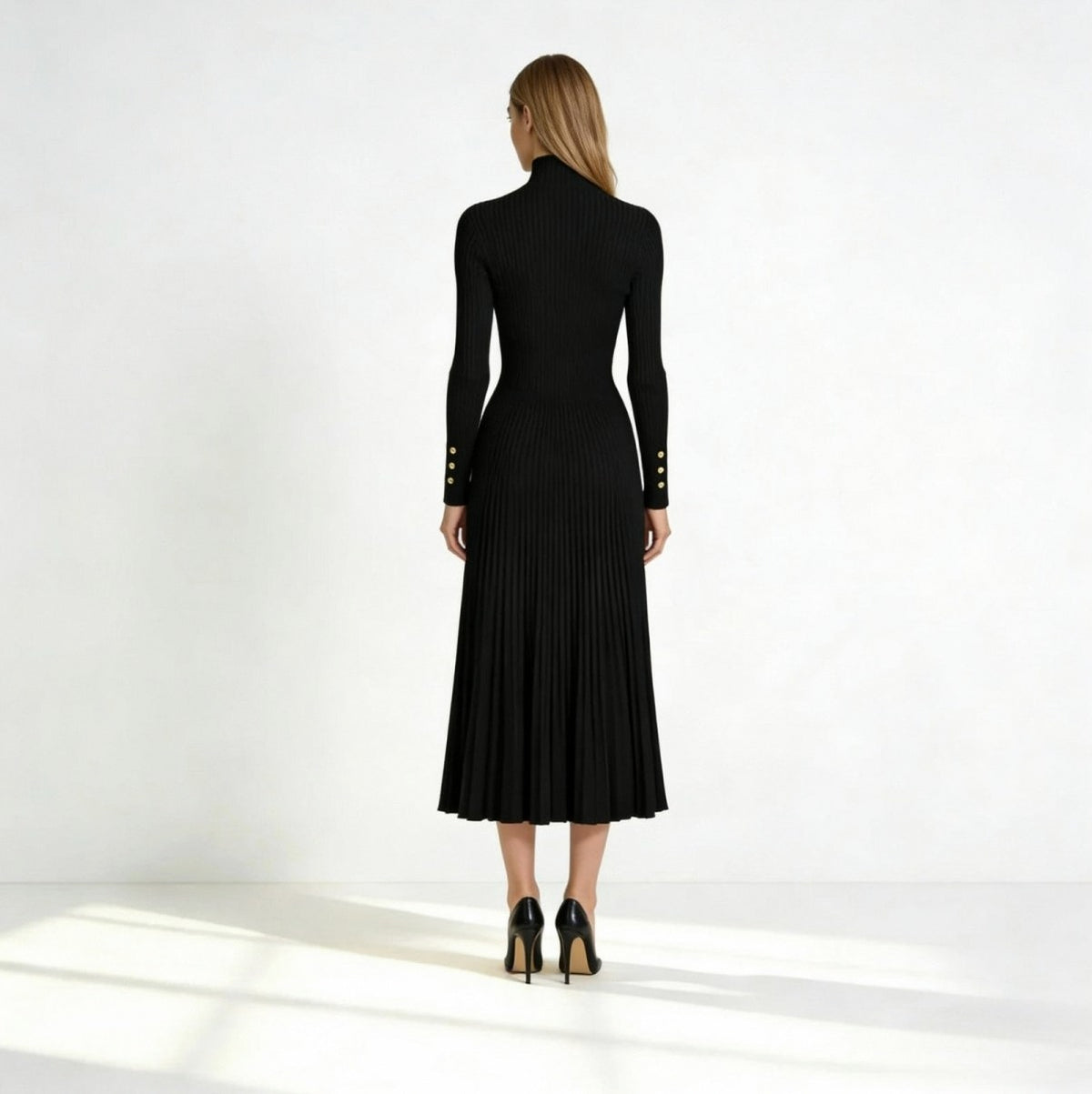 Ribbed Turtleneck Pleated Midi Sweater Dress