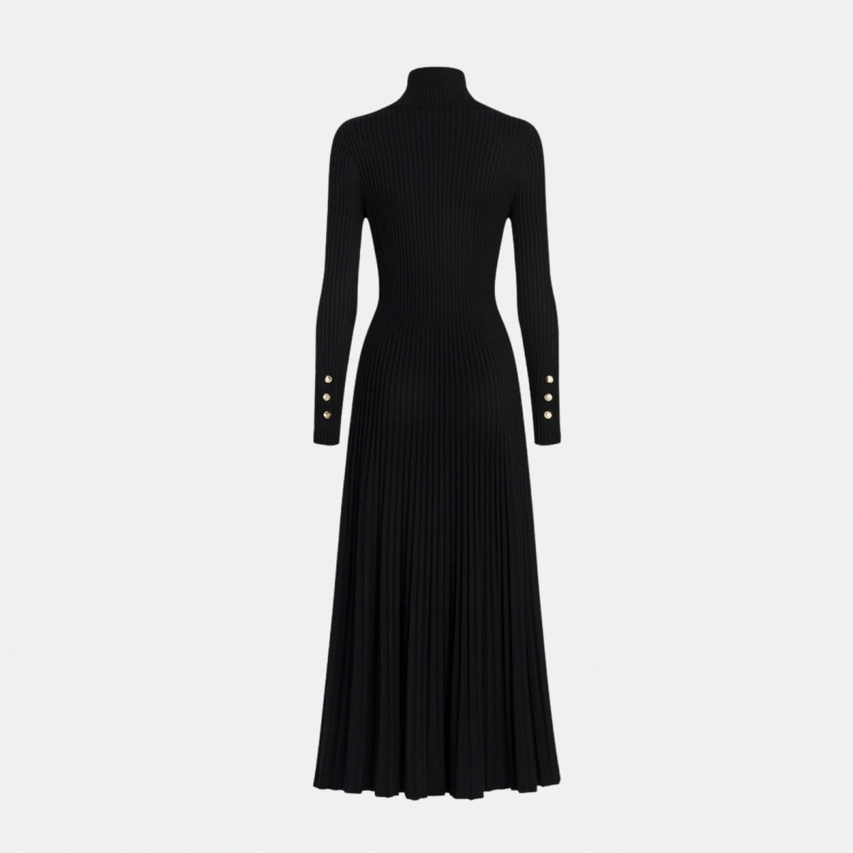 Ribbed Turtleneck Pleated Midi Sweater Dress