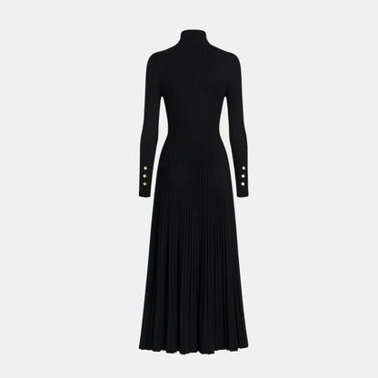Ribbed Turtleneck Pleated Midi Sweater Dress