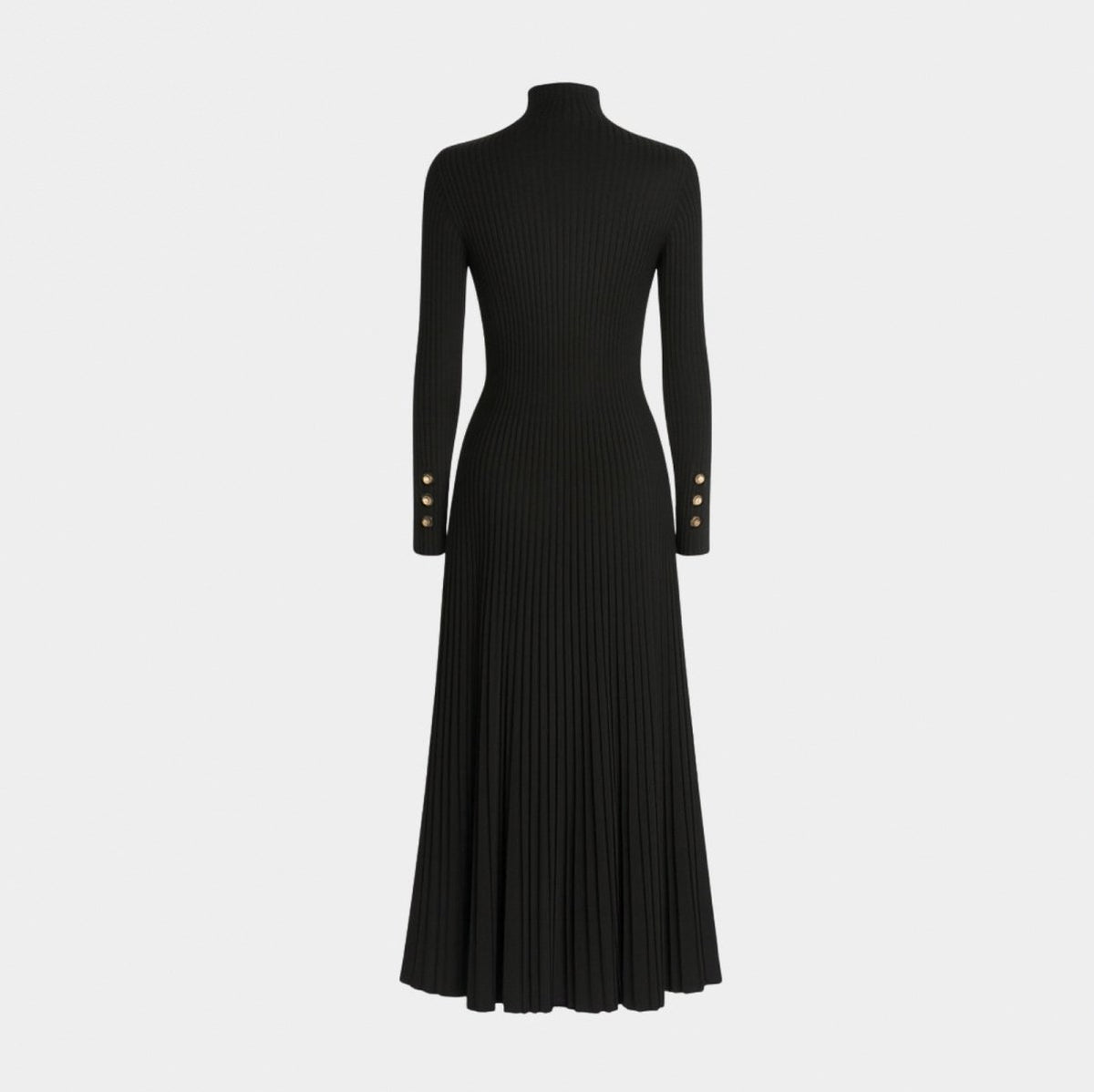 Ribbed Turtleneck Pleated Midi Sweater Dress