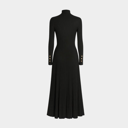 Ribbed Turtleneck Pleated Midi Sweater Dress