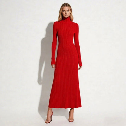 Ribbed Turtleneck Pleated Midi Sweater Dress in Red