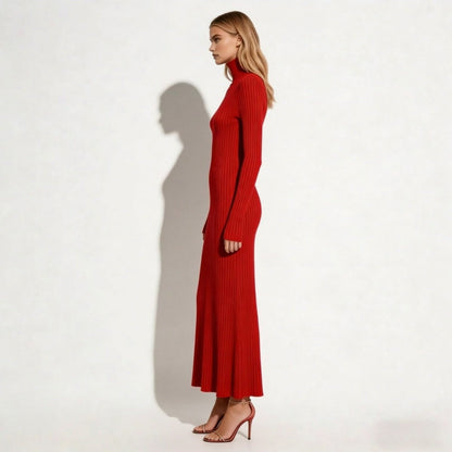 Ribbed Turtleneck Pleated Midi Sweater Dress