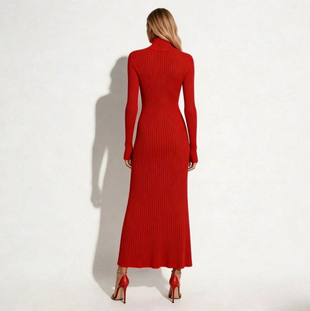 Ribbed Turtleneck Pleated Midi Sweater Dress