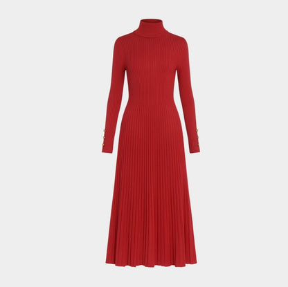 Ribbed Turtleneck Pleated Midi Sweater Dress