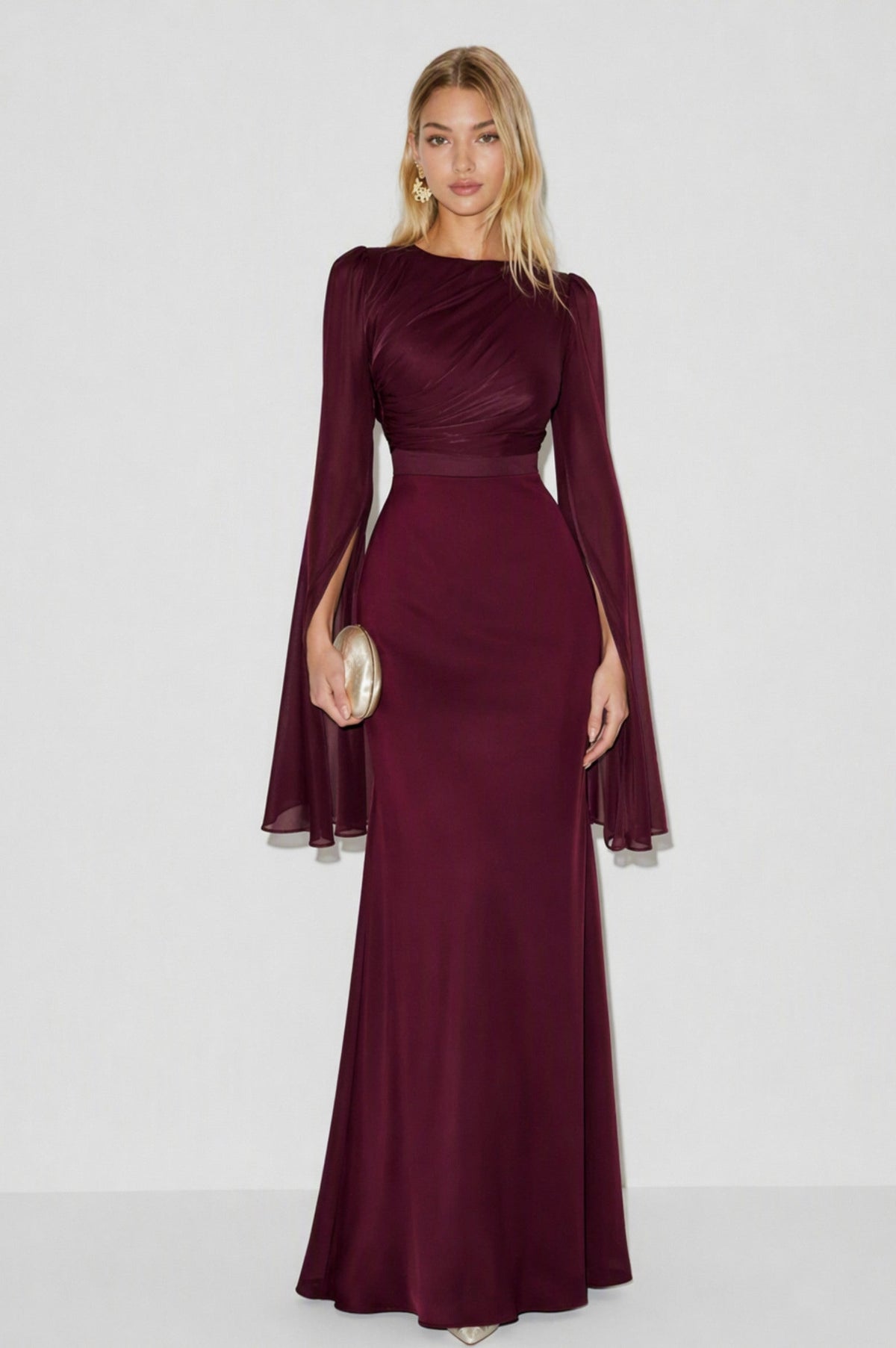 Ruched Cape Sleeve Maxi Dress in Burgundy
