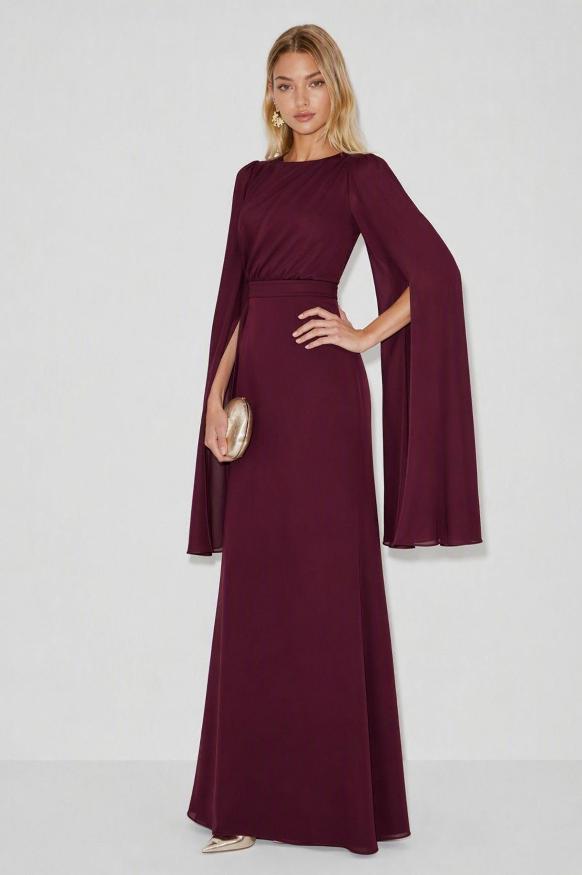 Ruched Cape Sleeve Maxi Dress