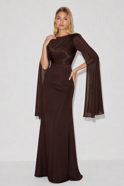 Ruched Cape Sleeve Maxi Dress in Dark Brown