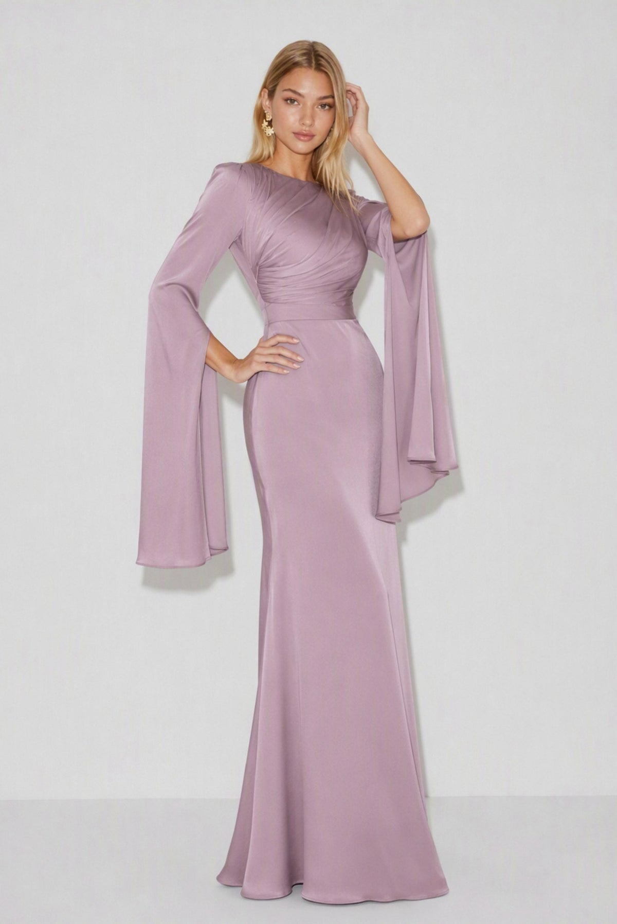 Ruched Cape Sleeve Maxi Dress in Purple