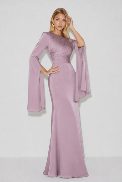 Ruched Cape Sleeve Maxi Dress in Purple