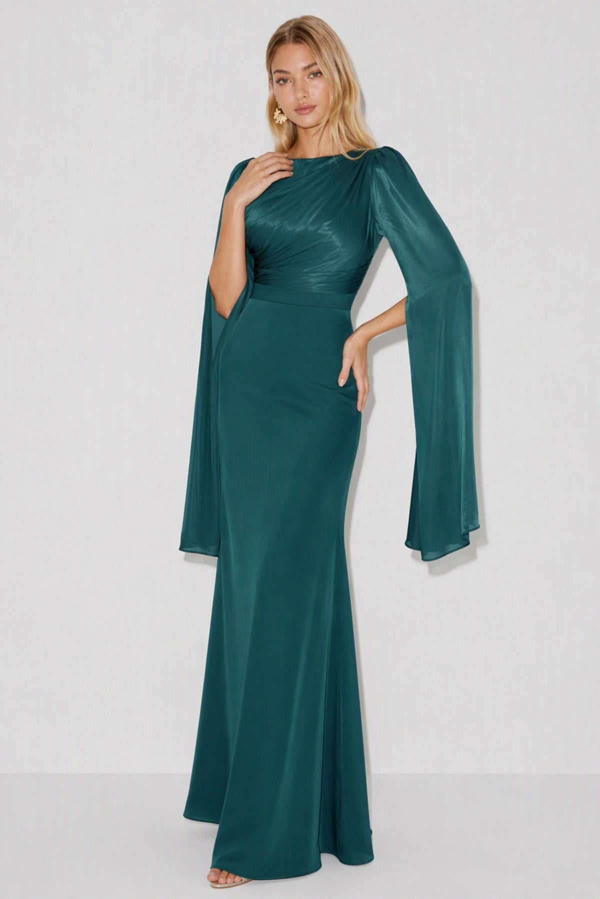 Ruched Cape Sleeve Maxi Dress in Green