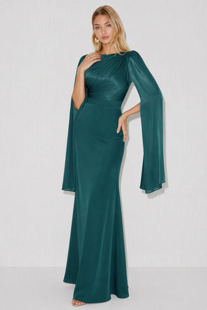 Ruched Cape Sleeve Maxi Dress in Green