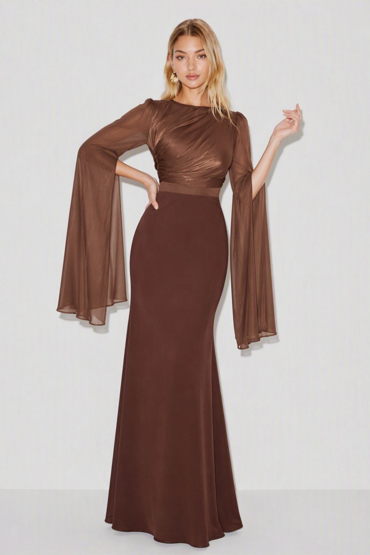 Ruched Cape Sleeve Maxi Dress in Coffee