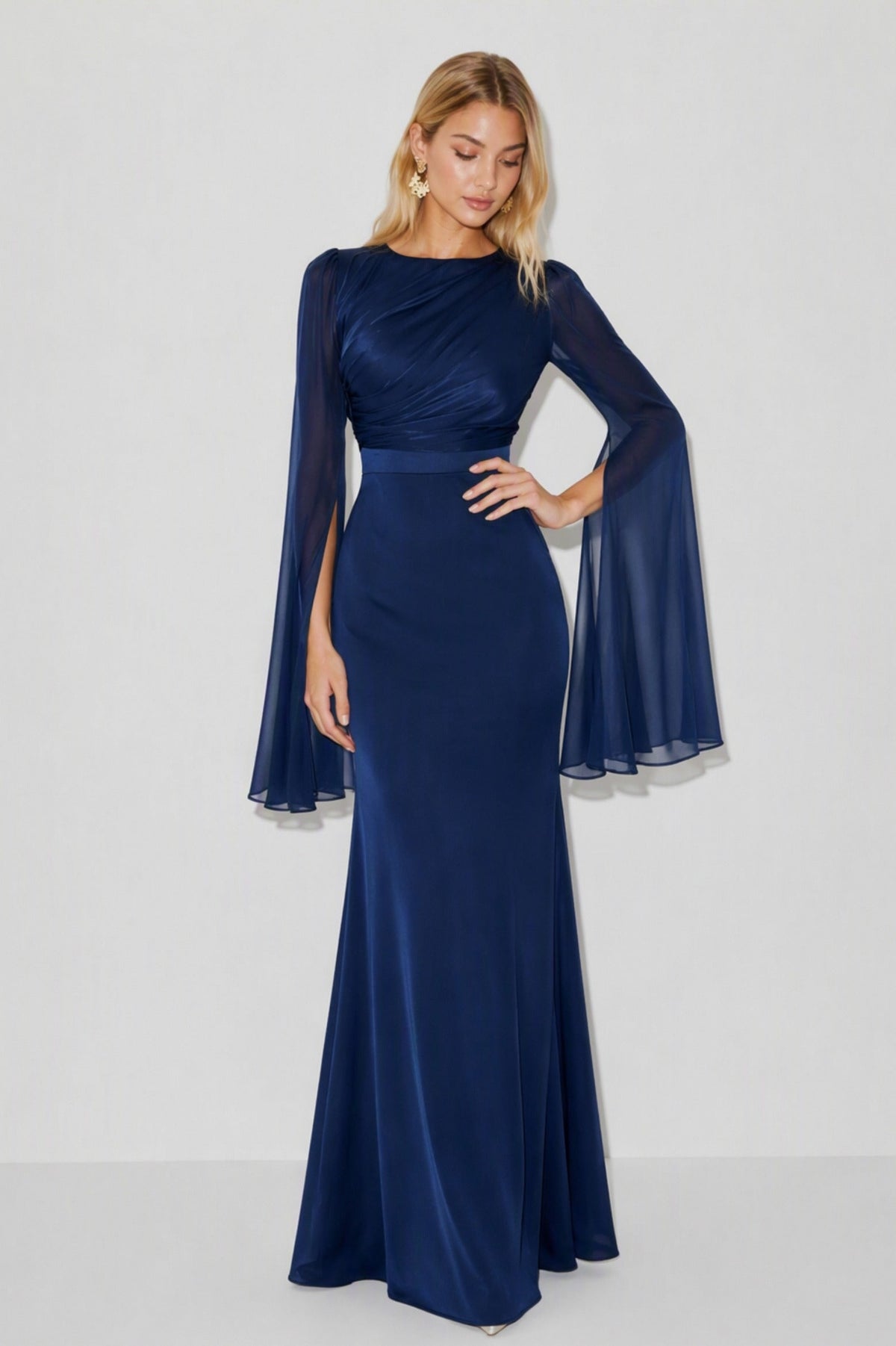 Ruched Cape Sleeve Maxi Dress in Navy Blue