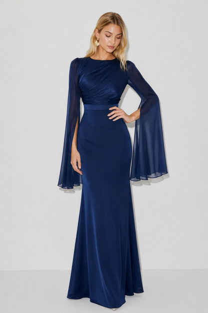 Ruched Cape Sleeve Maxi Dress in Navy Blue