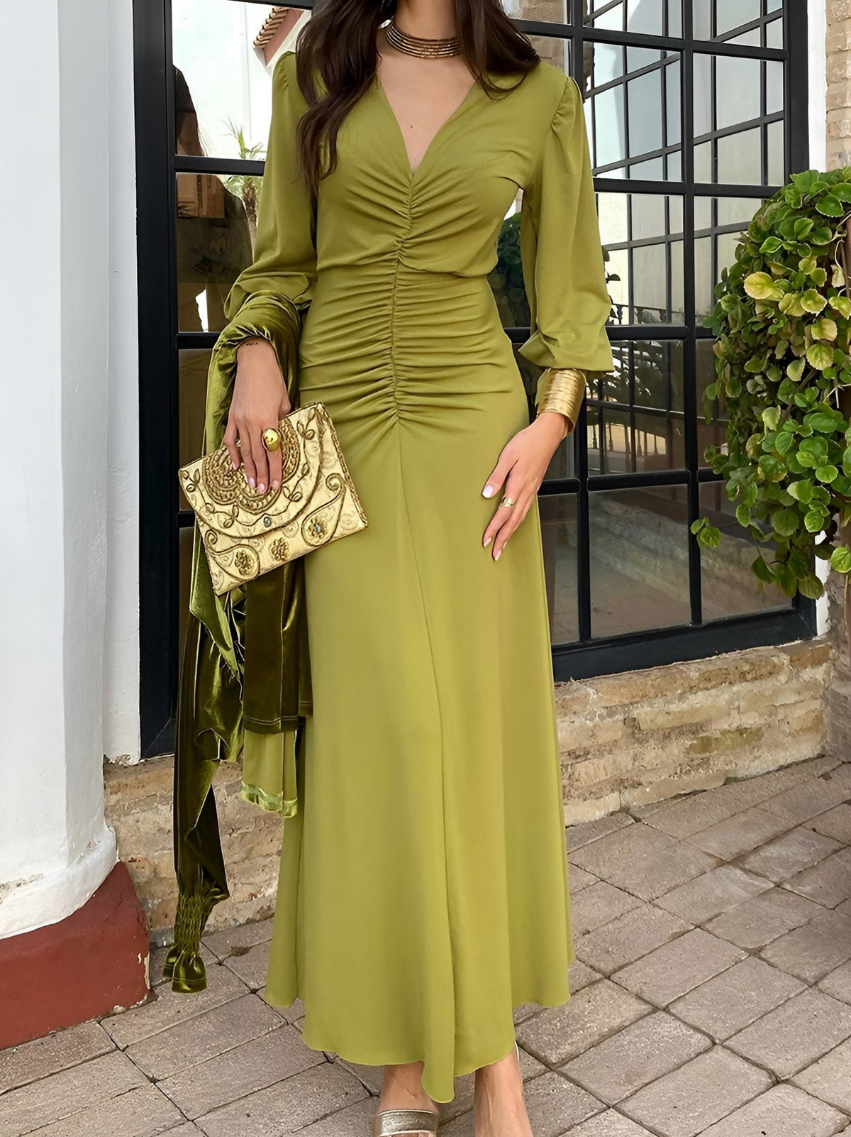 Ruched Long Sleeve Maxi Dress in Green