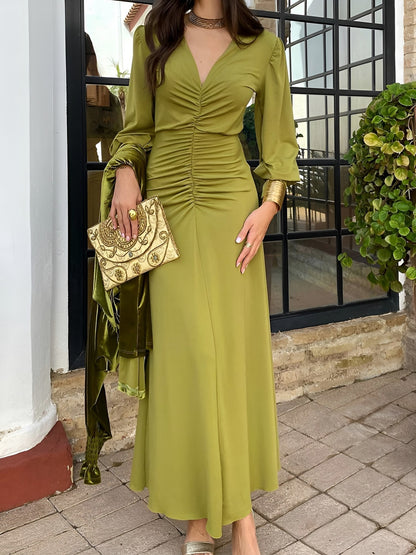 Ruched Long Sleeve Maxi Dress in Green