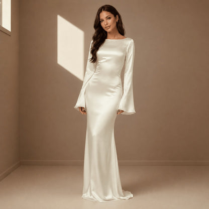 Satin Bell Sleeve Maxi Dress in Ivory