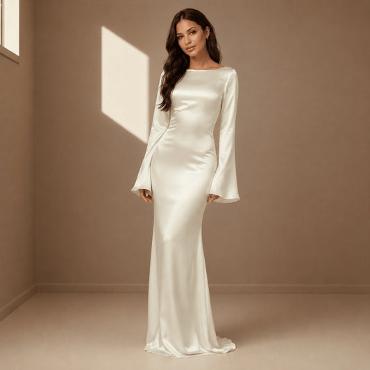 Satin Bell Sleeve Maxi Dress in Ivory