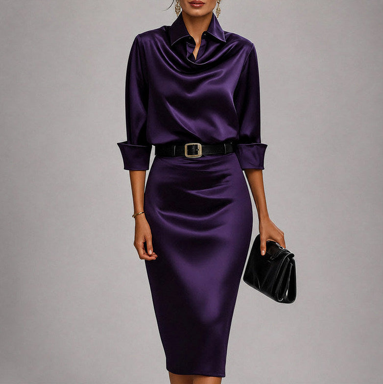 Satin Collared Midi Dress in Purple