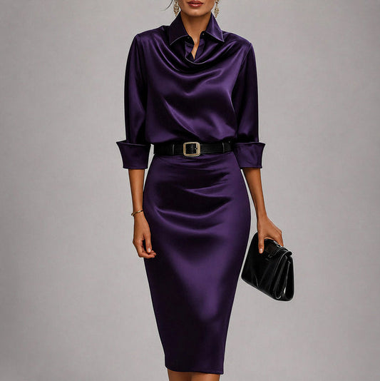 Satin Collared Midi Dress in Purple