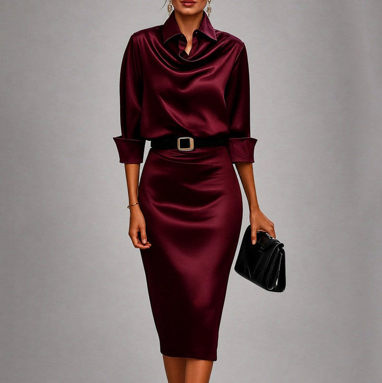 Satin Collared Midi Dress in Red