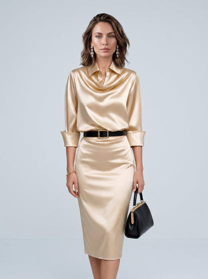 Satin Collared Midi Dress in Beige
