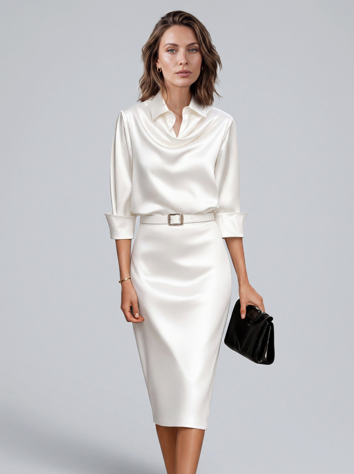 Satin Collared Midi Dress in White