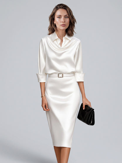 Satin Collared Midi Dress in White