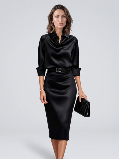Satin Collared Midi Dress in Black