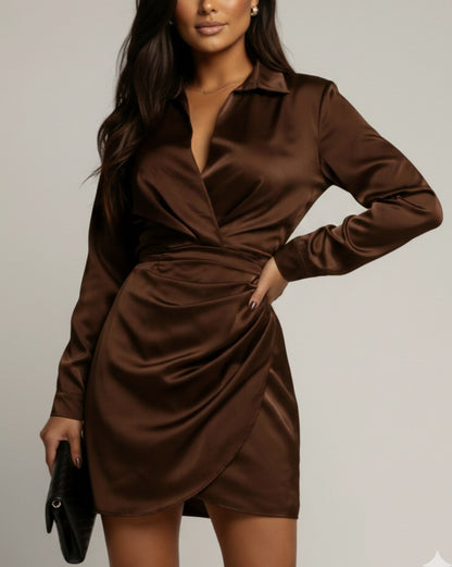 Satin Collared Wrap Mini Dress in Brown