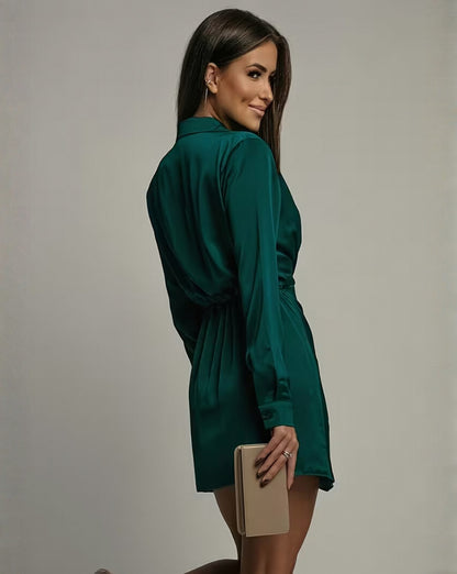 Satin Collared Wrap Mini Dress