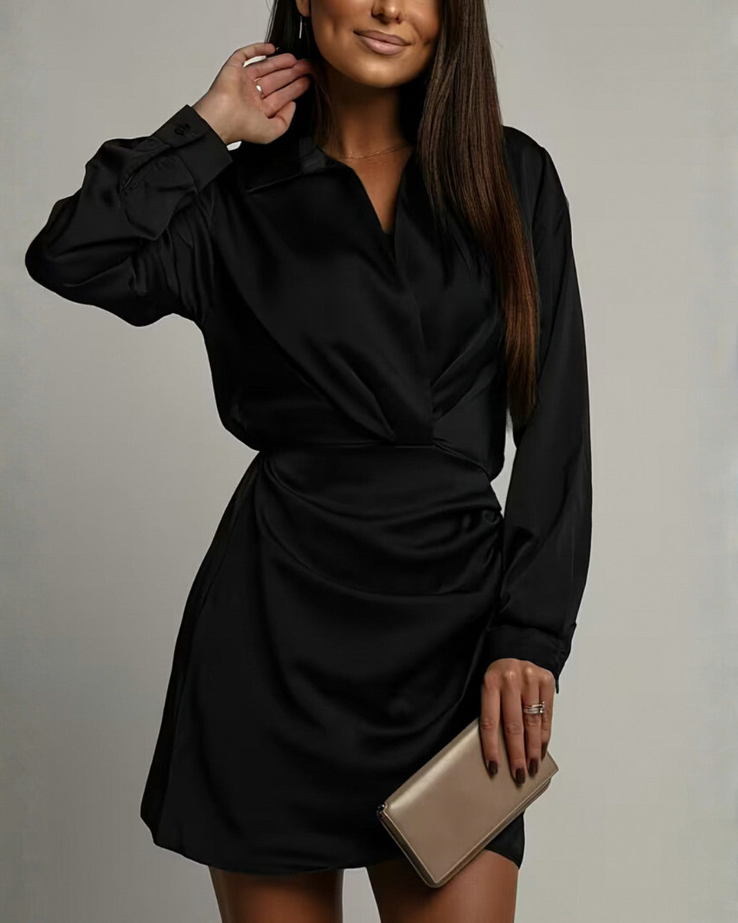 Satin Collared Wrap Mini Dress in Black