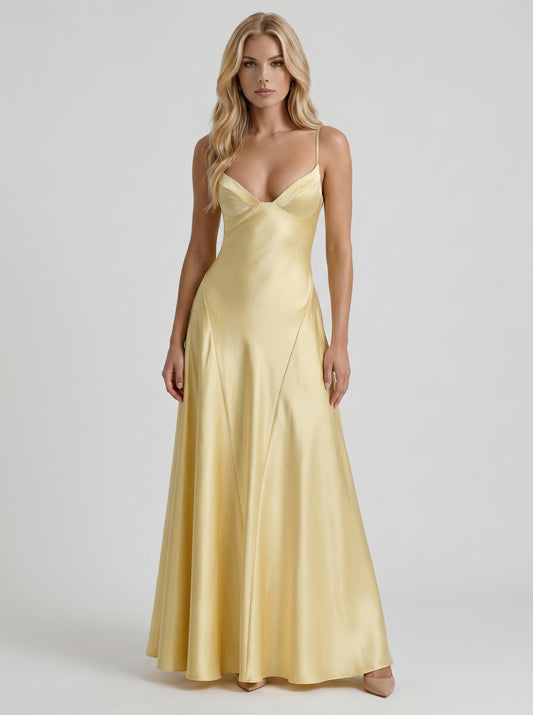 Satin Corset A Line Maxi Dress in Pale Yellow