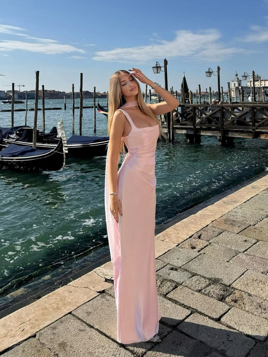 Satin Cowl Neck Maxi Dress in Pink