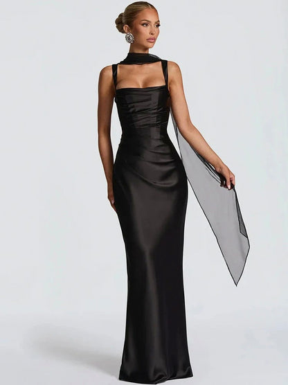 Satin Cowl Neck Maxi Dress in Black