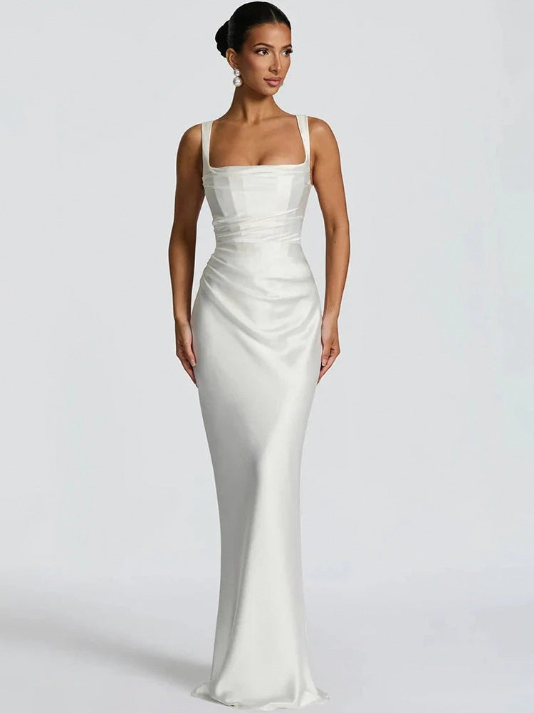 Satin Cowl Neck Maxi Dress in White